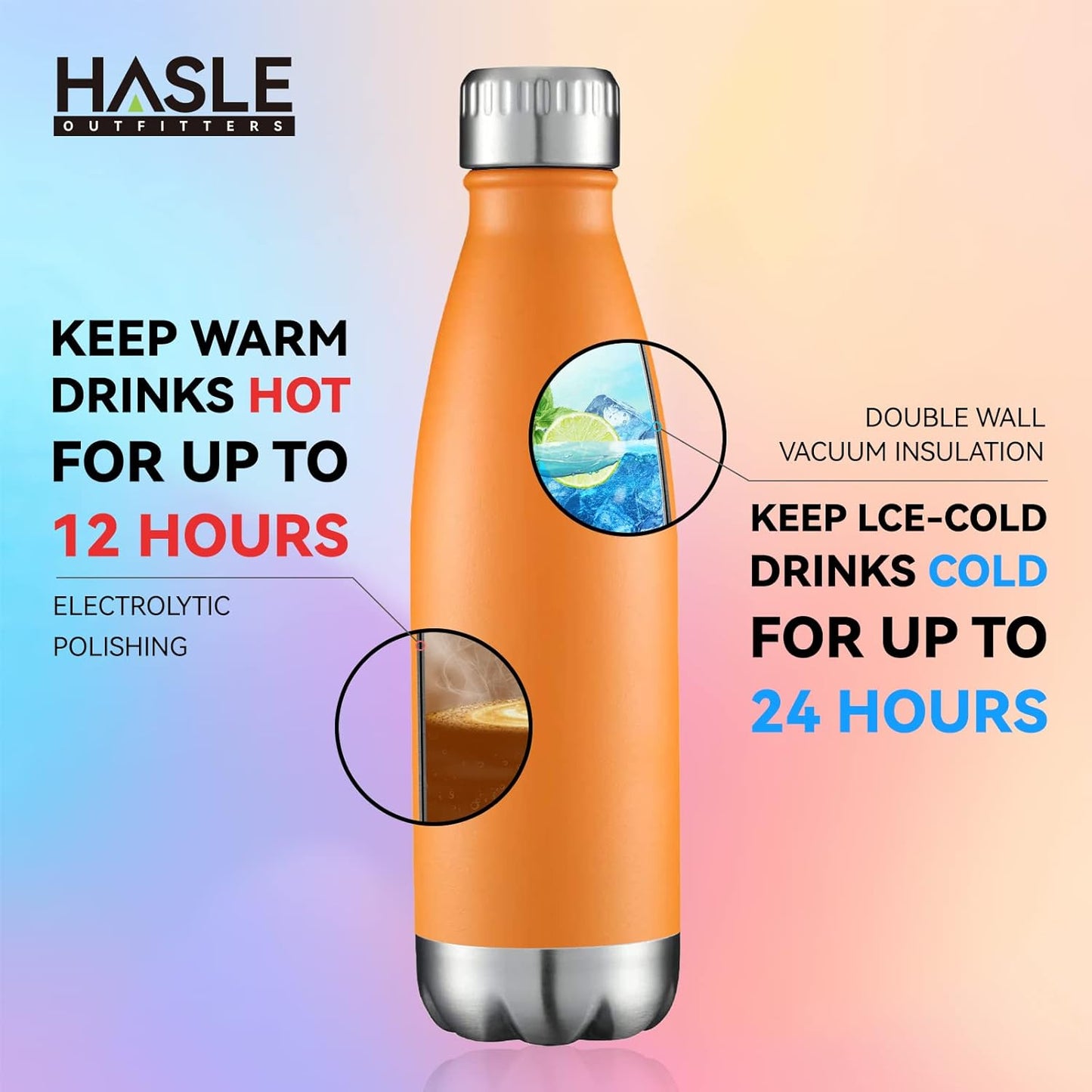 HASLE OUTFITTERS 17oz Stainless Steel Water Bottles Bulk, Vacuum Insulated Water Bottles Double Walled Powder Coated Reusable Metal Sports Water Bottles Keep Drinks Hot and Cold, Orange, 4Packs