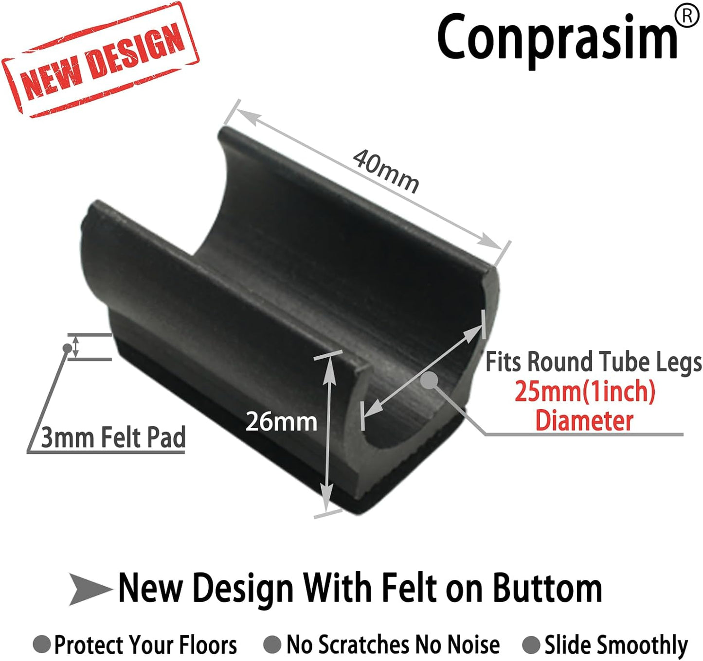 Rectangle U Shaped Chair Leg Tips Caps with Felt Pads,Furniture Feet Protector Slide Smoothly Glides No Scratches No Noise Protect Hardwood Floor,Fit 25mm(1inch) Diameter Tubular Leg (Black 8PCS)