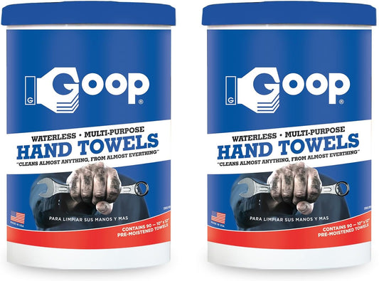 GOOP Multi-Purpose Waterless Hand Cleaner Towels - 90, 10" x 12" Towels (Pack of 2)