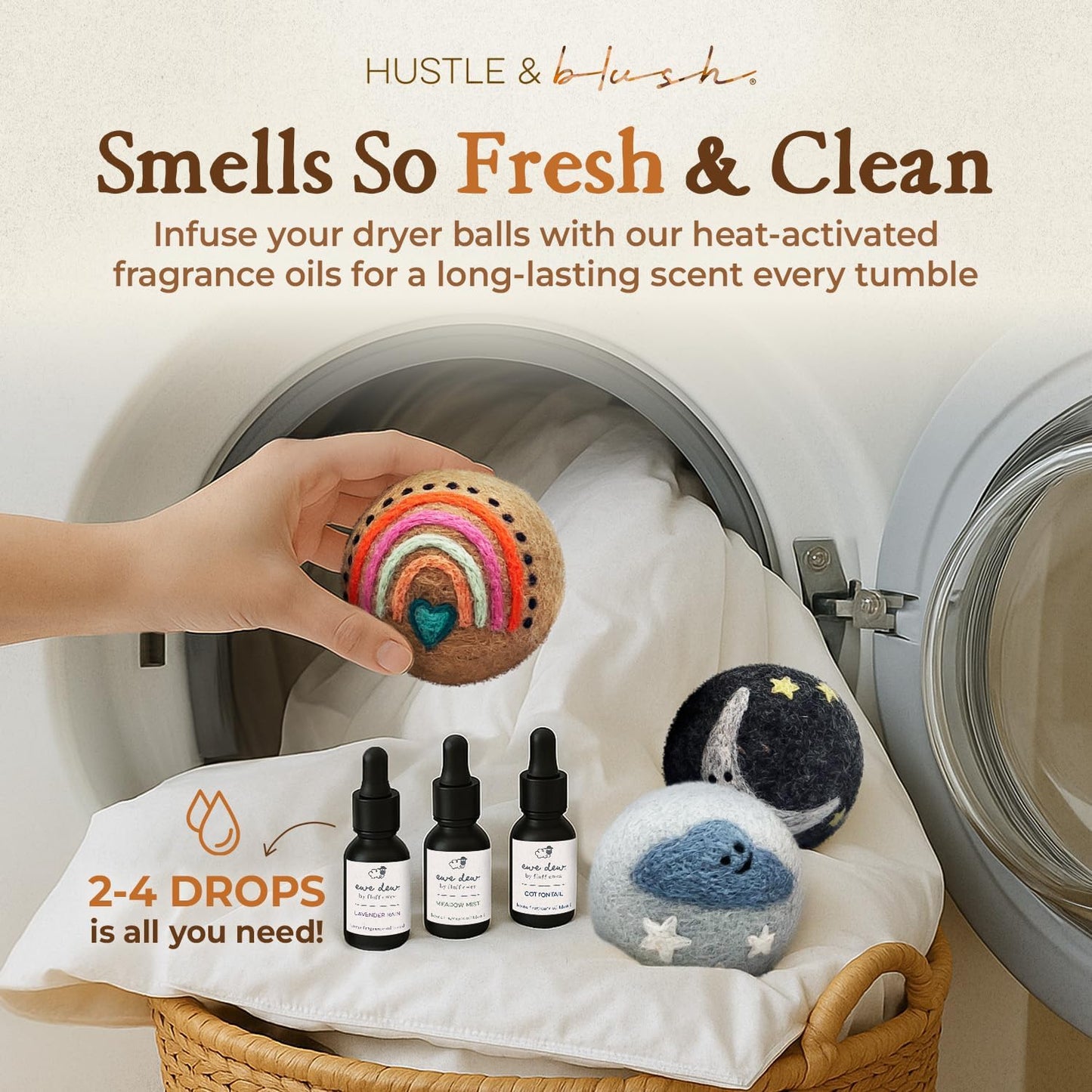 Fluff Ewes Wool Dryer Balls 6 Pack Premium New Zealand Wool Laundry Balls for Dryer, No Static Dryer Balls Laundry Reusable, XL Wool Dryer Balls Cute, Baby Dryer Balls for Dryers - Rainbow or Shine