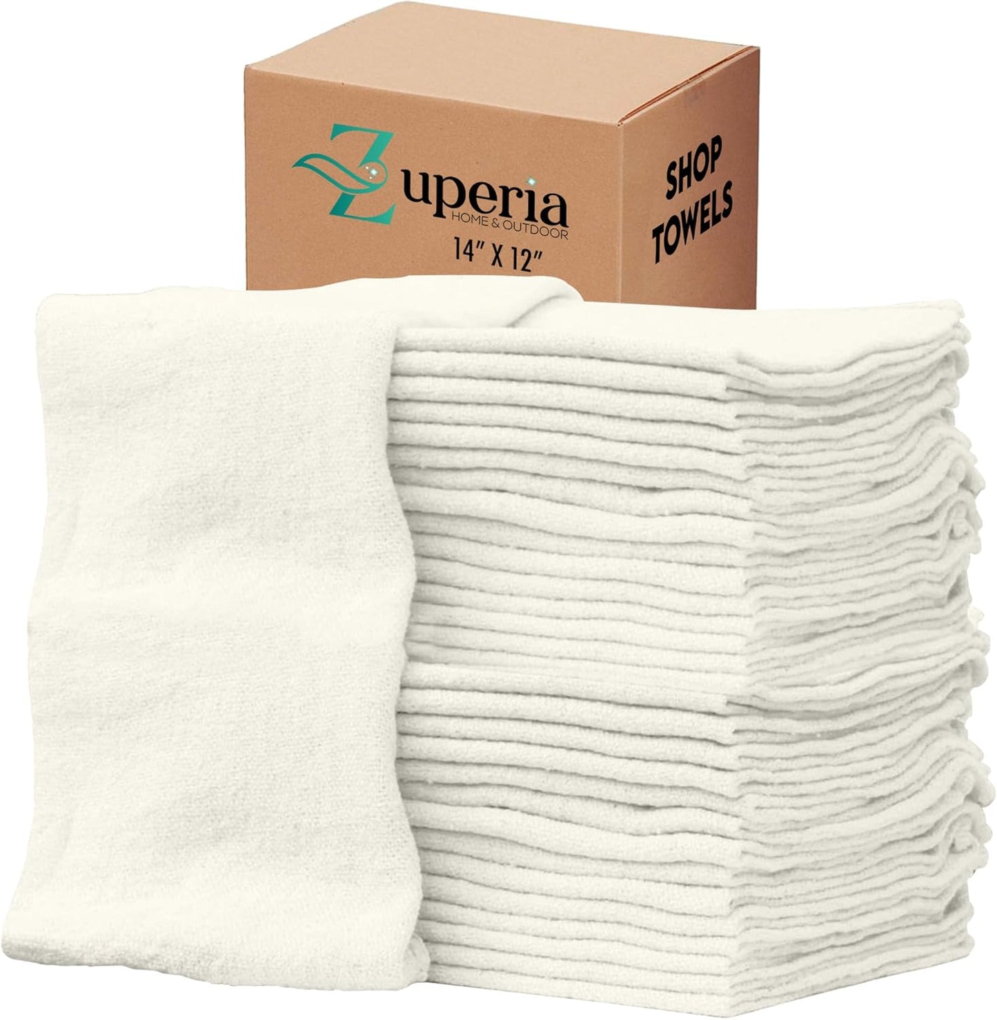 ZUPERIA Cotton Shop Towel – Multipurpose Cleaning Cloths (14" x 12" - Pack of 150 - White) Reusable Shop Rags for Automobiles, Industrial, Restaurants, Garage, and Homes