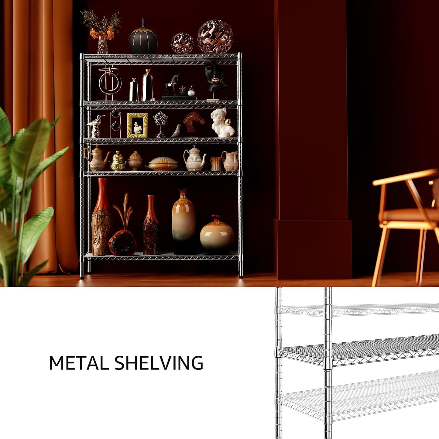 IZEUK 4250 LBS Garage Shelving Wide Storage Shelves 5 Tier Metal Shelves Heavy Duty Adjustable Utility Shelf Rack Chrome 17.7" D x 47.2" W x 70.4" H