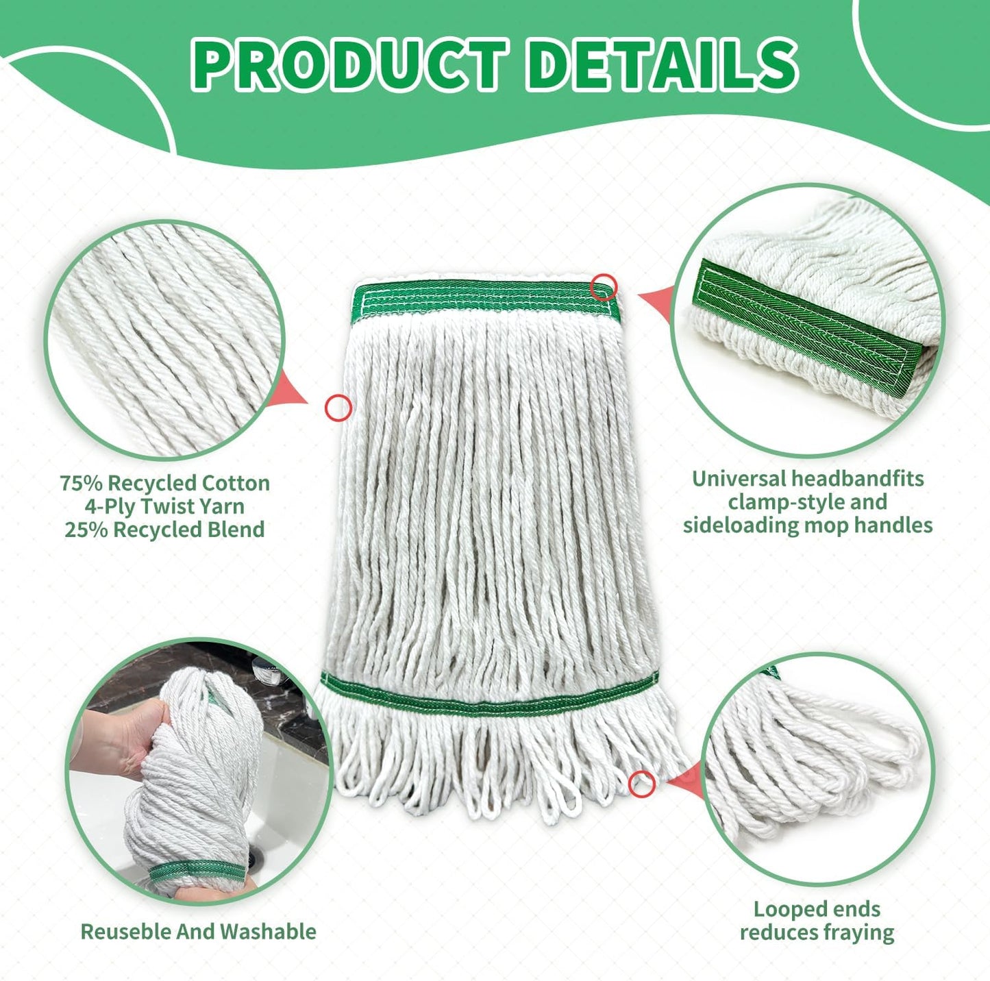 6 Pack Commercial Heavy Duty Mop Heads Heavy Cotton Looped End String Mop Head for Home Industrial Commercial Floor Cleaning Mop Head Replacement(White, Green)