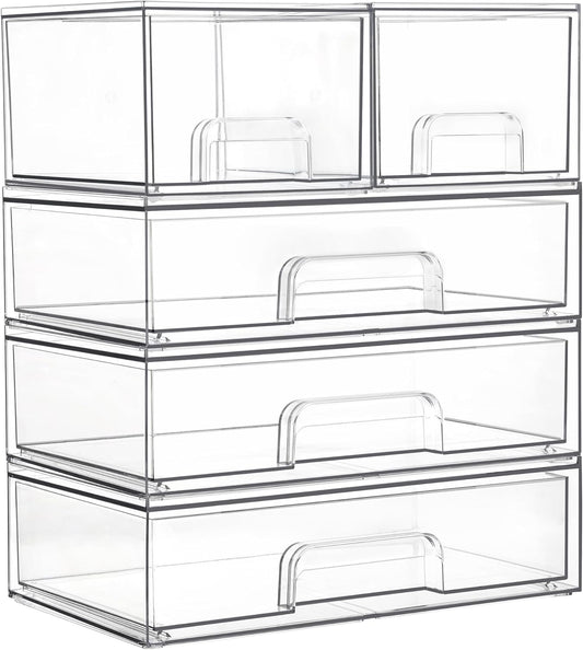 Vtopmart Clear Stackable Storage Drawers Set of 5, Plastic Organizer Bins for Makeup, Cosmetics, Beauty Supplies,Ideal for Vanity, Bathroom,Cabinet,Pantry Organization