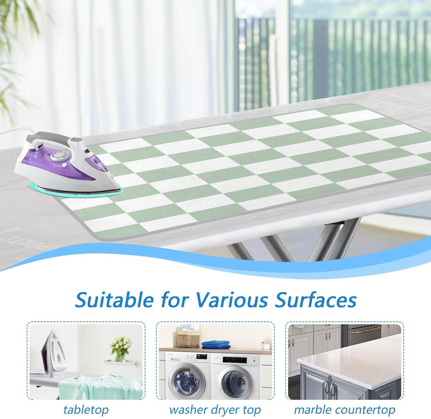Checkered Green and White Png Ironing Mat Thickened Ironing Blanket Travel Portable Double-Side Using Ironing Pad Travel Isolate Heat Pad Cover for Washer Dryer Table Top Countertop 27.6x47.2in