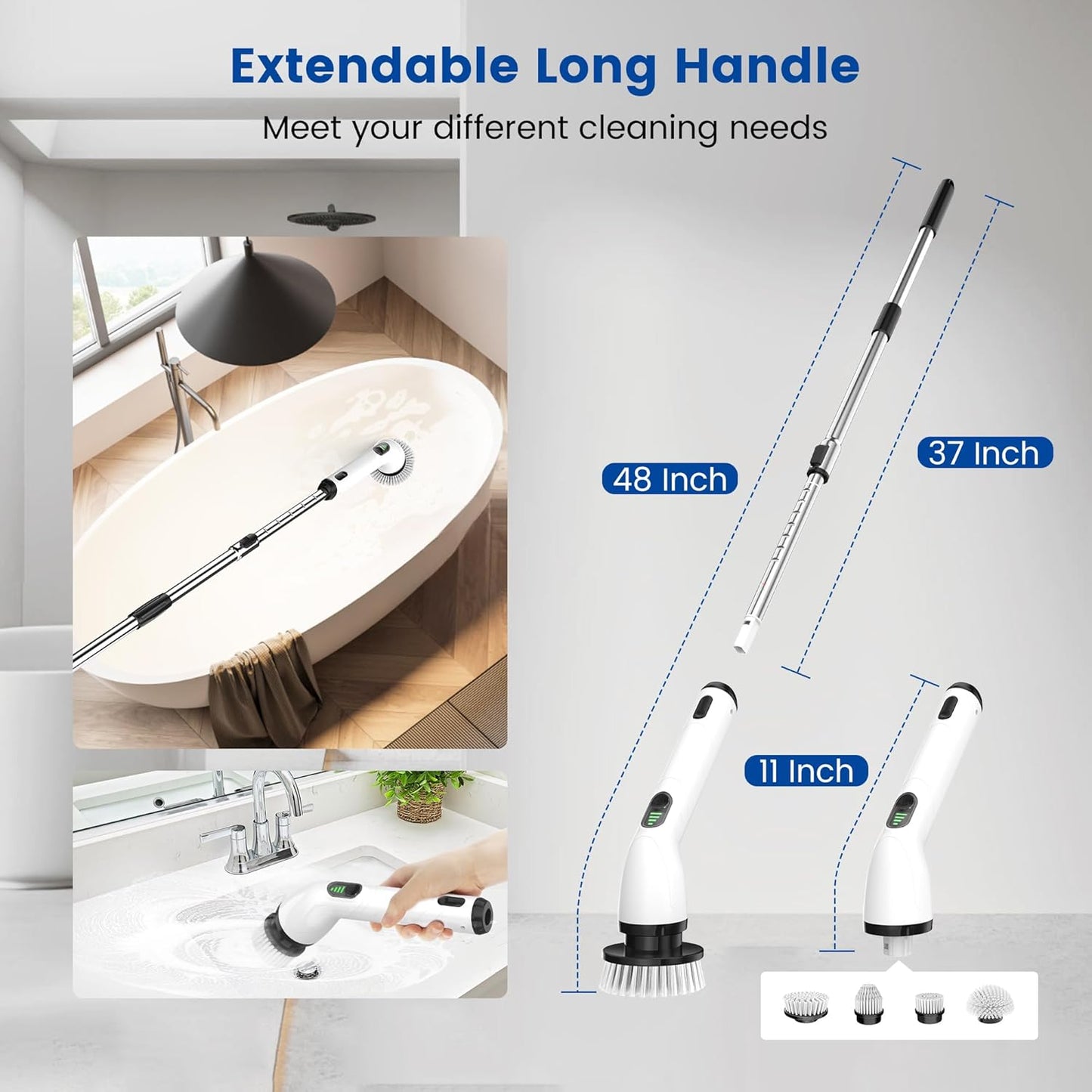 Electric Spin Scrubber, Full-Body IPX7 Waterproof Cordless Shower Scrubber with 4 Replaceable Heads, Upgraded Extension Handle, 2H Work Time, 2 Speeds for Bathroom Shower Tile Glass
