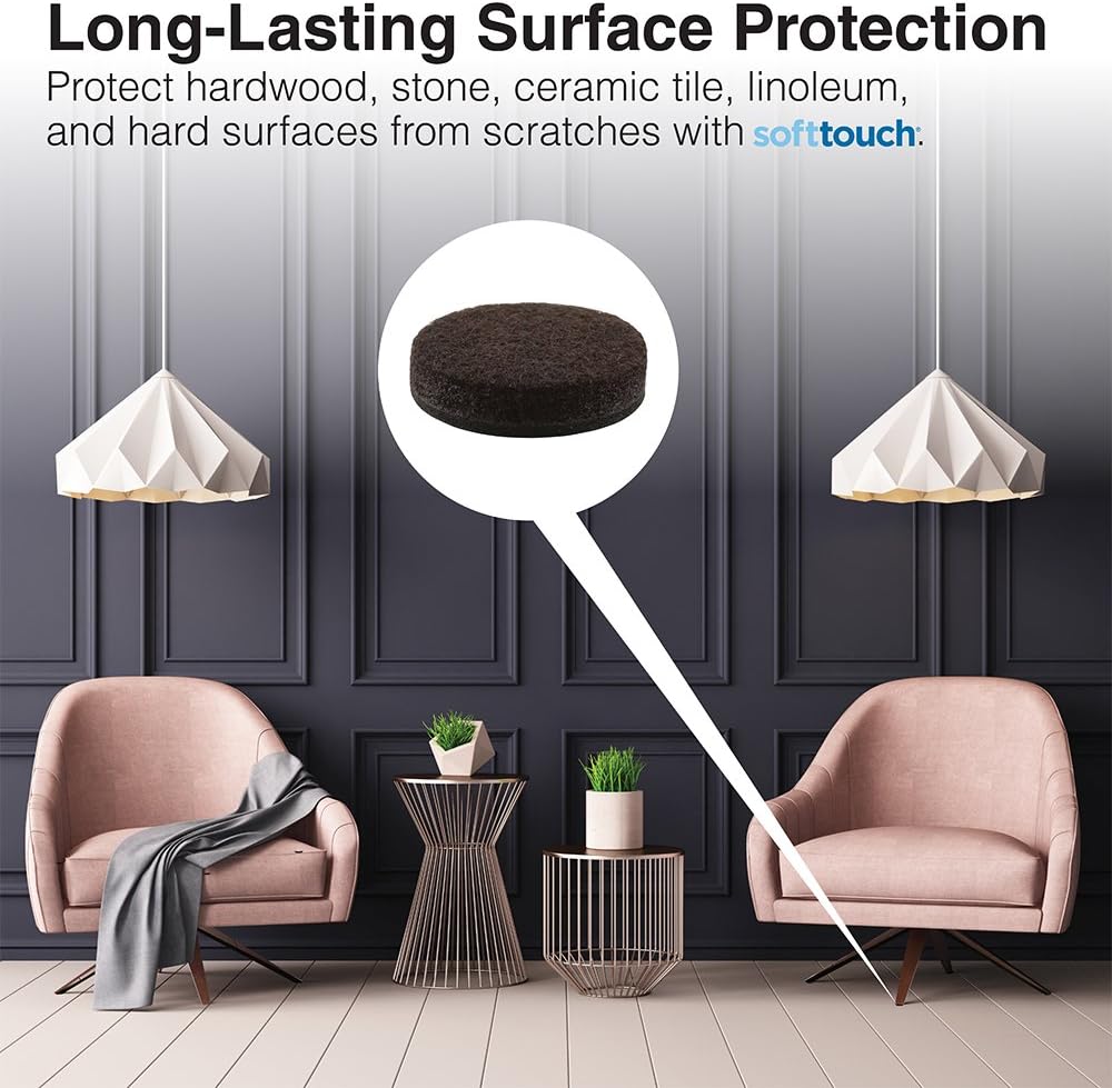 SOFTTOUCH 4723295N Heavy Duty 2 Inch Felt Furniture Pads to Protect Hardwood Floors from Scratches, Brown, 6 Count