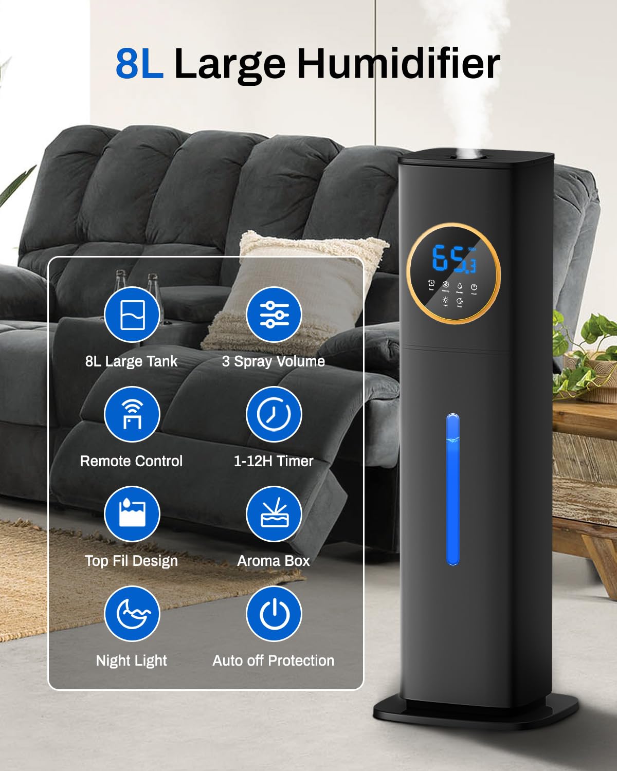 Humidifier Large Room Bedroom with Night Light, 2.1Gal(8L) Humidifiers for Home with Essential Oil