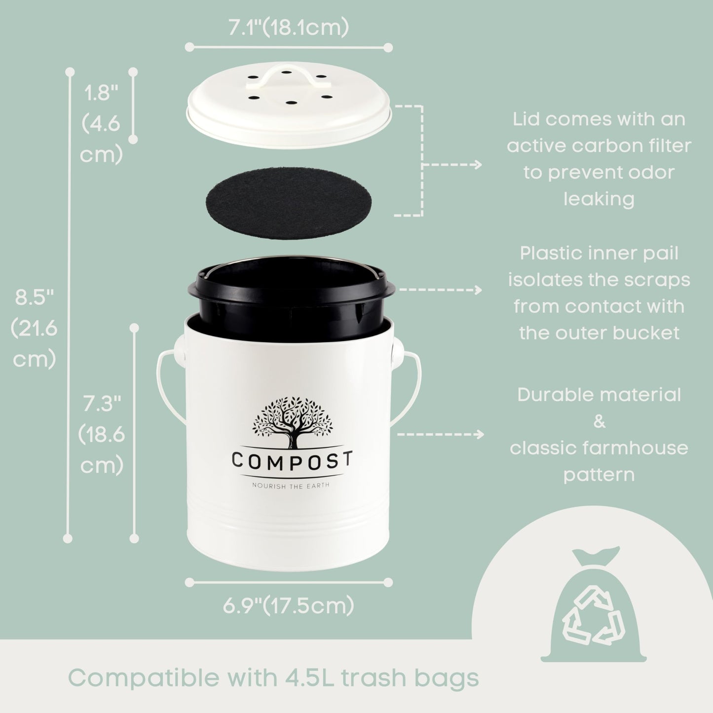 Perfnique 1.3 Gal Kitchen Compost Bin with Lid, Countertop Compost Caddy