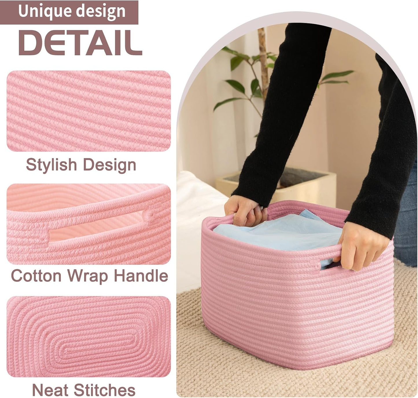 OIAHOMY 4 Pack Storage Baskets for Organizing, Cube Storage Bins for Shelves, Rectangle Storage Baskets With Handles, Woven Baskets for Storage, 12.7''Lx9''Wx7.8''H, Pink