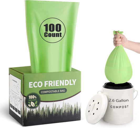 Compostable Trash Bags 2.6 Gallon 100 Counts Compost Small Garbage Bag for Kitchen Bathroom BPI Certified, Green