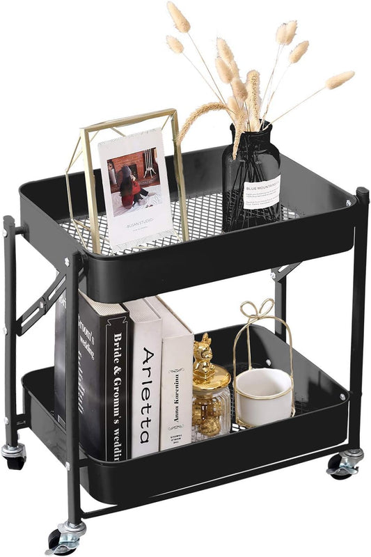 2-Tier Metal Folding Rolling Cart, Mobile Utility Cart Trolley Storage Organizer for Office Home