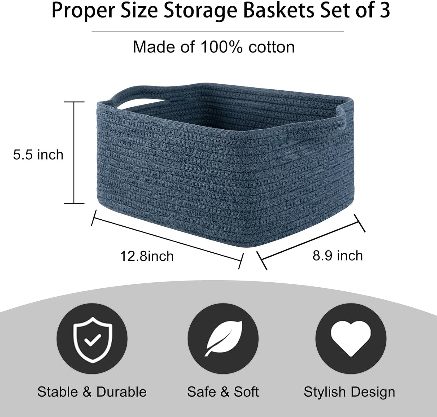 OIAHOMY Cotton Rope Woven Baskets for Storage, Nursery Rectangle Storage Basket with Handles for Shelves, Pack of 3, Blue