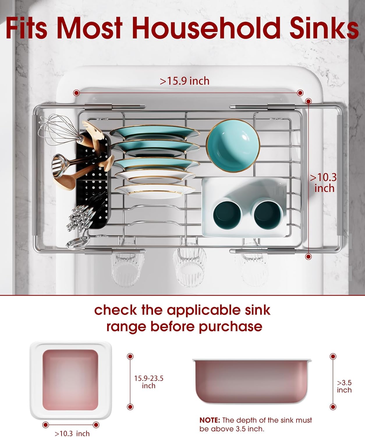 Dish Drying Rack in Sink - Expandable Stainless Steel Dish Rack Over The Sink, Kitchen Sink Drain Strainer with Cutlery Holder & Cup Holders, 15.4 x 9.8 x 3.0 Inch, Grey