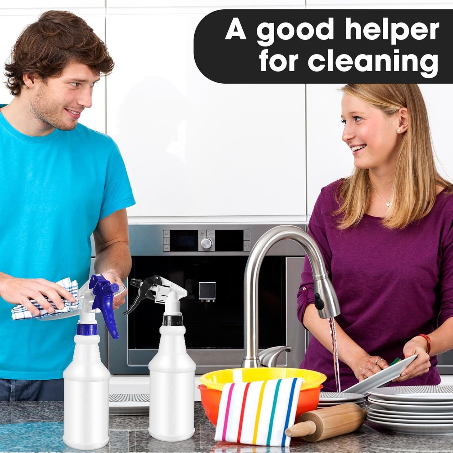 Eccliy 12 Pcs 16 Oz Plastic Spray Bottle, Adjustable Empty Reusable Sprayer for Cleaning, Planting, Water, Bathroom and Kitchen, BBQ, Commercial and Residential(Blue, Black,Original)