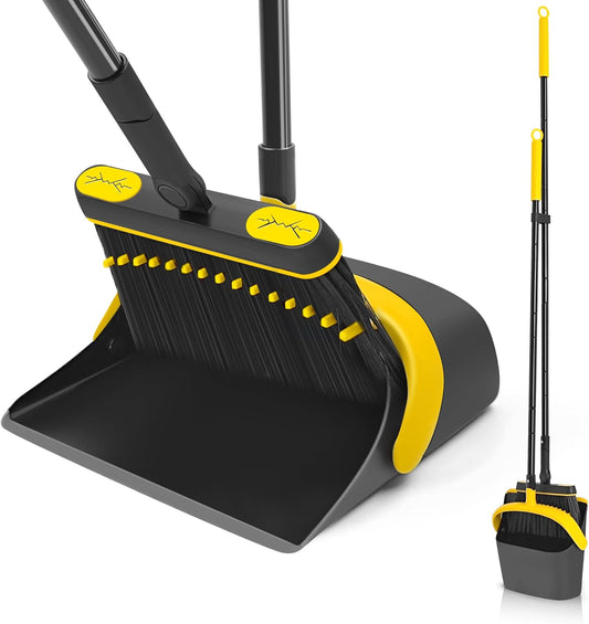 JEHONN Broom and Dust Pan, 54.3 inches Long Handle Swivel Brush, Upright Foldable Dustpan with Comb Teeth for Home Kitchen Lobby Indoor Floor Cleaning (Black & Yellow)