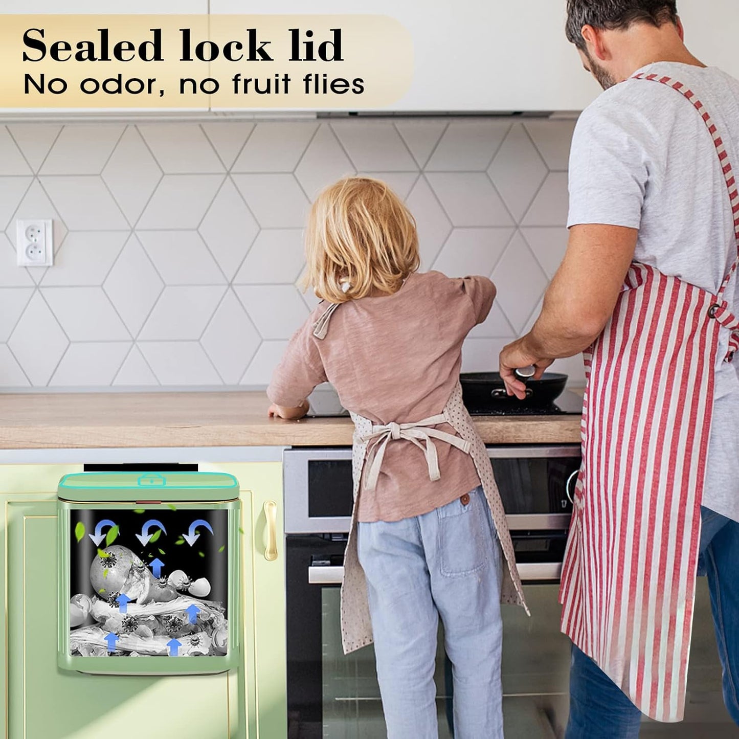 GloDeals Kitchen Small Trash Can with Lid, Compost Bin Countertop, Wall-Mounted Under Sink Hanging Trash Bin for Kitchen, Bathroom, Cabinet Trash Can (1.05 Gallon, 4L Vintage Green)