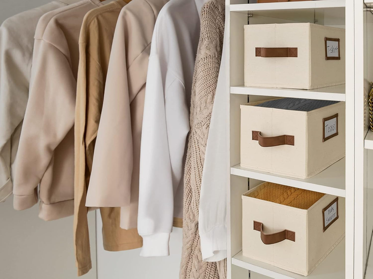 StorageWorks Storage Baskets for Shelves, Foldable Fabric Closet Storage Bins with PU Handles, Fabric Storage Bins Clothes Organizer, Ivory White, 3-Pack, Small