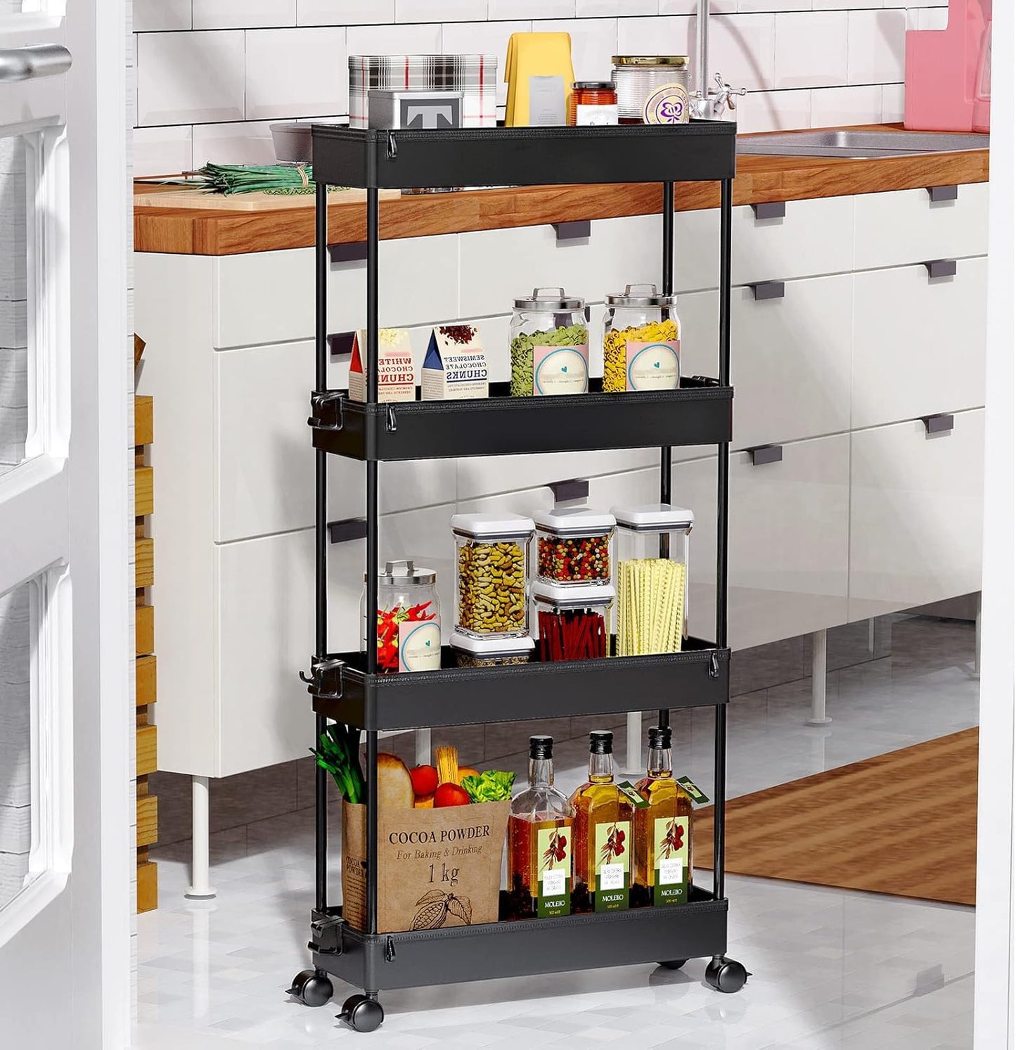 SPACEKEEPER Slim Rolling Storage Cart, 4 Tier Bathroom Cart Organizer,Black
