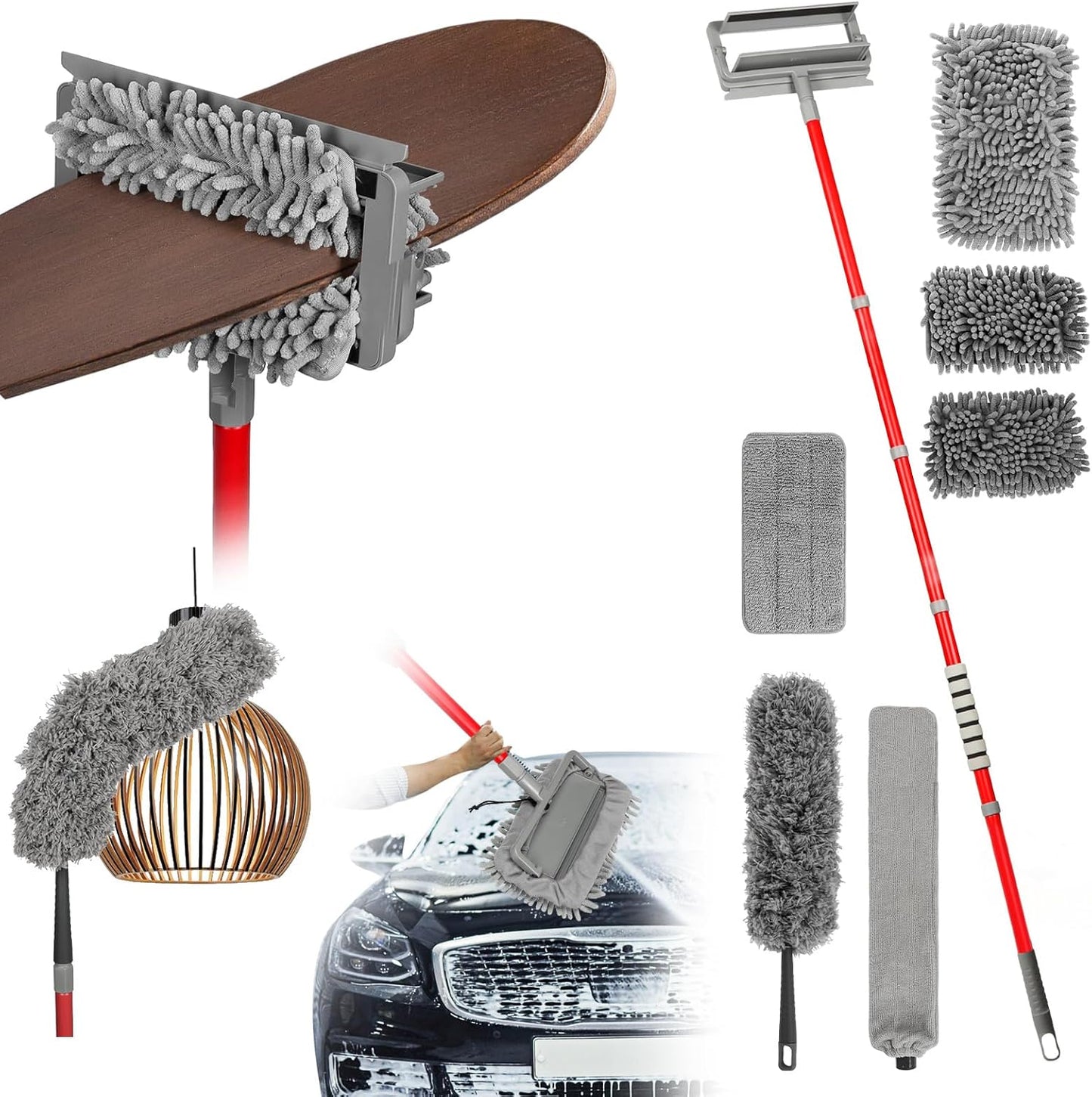 Ceiling Fan Cleaner Duster , 75‘’ Extendable Long Handle Ceiling Fan Blade Cleaning Tool, Reusable Chenille & Microfiber Mop Head for Dusting Ceiling Fan Baseboard Wall Floor,car wash mop