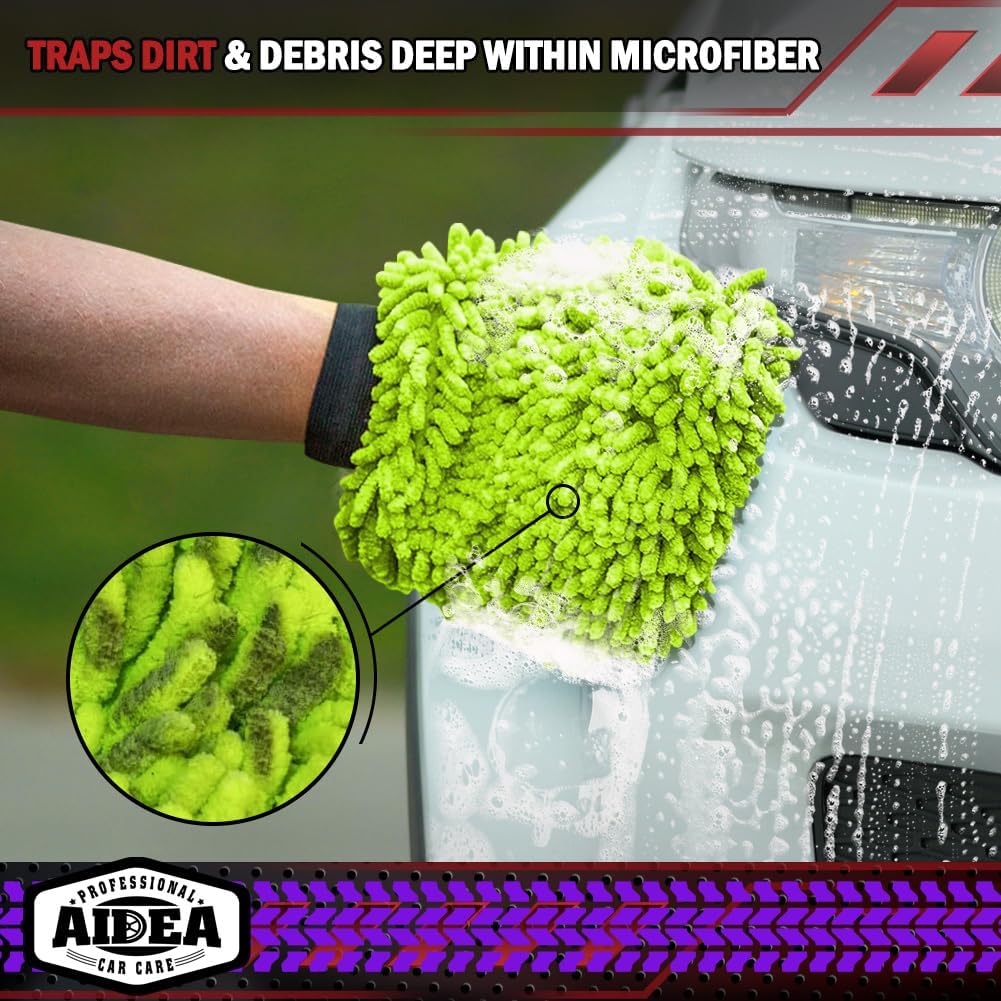 AIDEA Car Wash Mitt Microfiber, 2PK-Scratch-Free& Lint-Free, Premium Chenille Microfiber Wash Mitt-Green Extra Large Size (8''X12'')