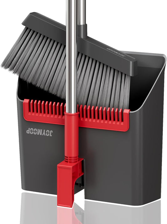 JOYMOOP Black and Red Broom and Dustpan Set, Upright Angle Design with Built-in Comb Teeth for