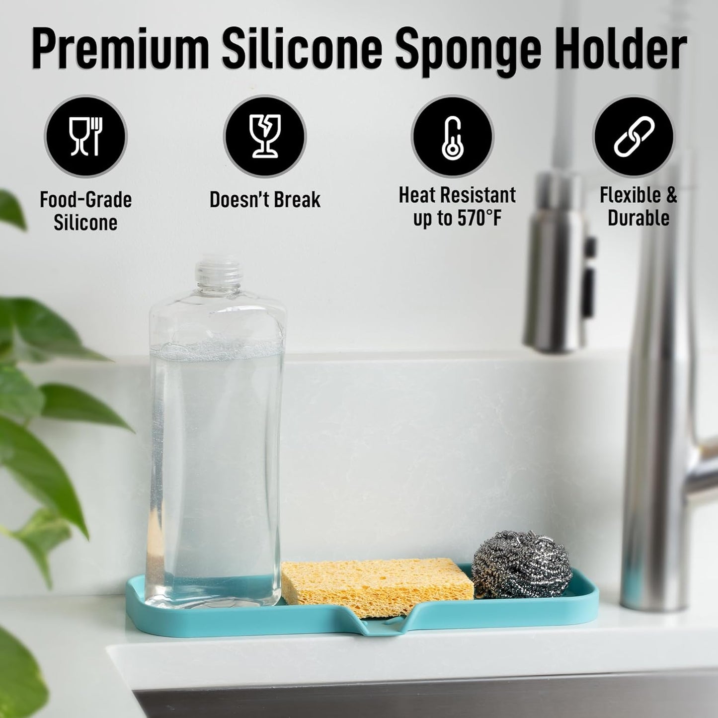 Zulay Large Silicone Sponge Holder (12x4) – Flexible Sink Organizer Tray for Kitchen & Bathroom – Multipurpose Soap Dish for Sponges, Makeup, Trinkets & More (Aqua Sky)