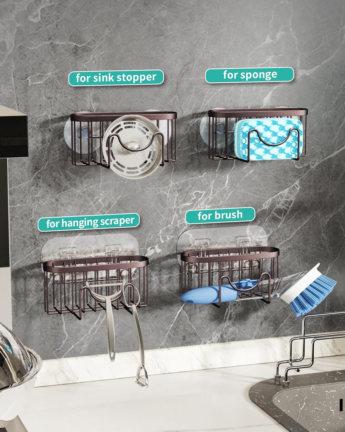 HapiRm Multifunctional Sponge Holder for Kitchen Sink with Unique M-Shaped, 2 Installation Methods Sink Caddy, Stainless Steel Kitchen Organizer for Sponge, Brush, Sink Stopper and Scraper -Bronze