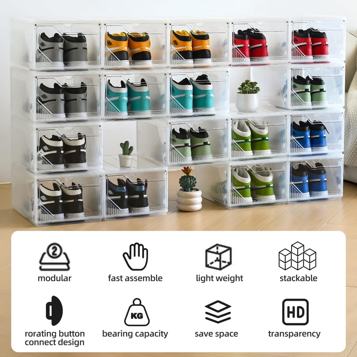 Modular XX-Large Shoe Organizer,6 Pack Shoe Storage Organizer Easy to Assemble,Shoe Box Clear Plastic Stackable,Drop Front Shoe Box with magnetic Door, Containers For Sneaker,Fit up to US Size 15