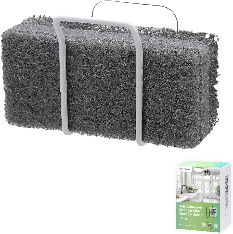 Hook LAB Reusable Sponge Holder for Kitchen Sink & Bathroom Organizer, Mountable Rack for Sponges, Scrubbers, Soaps and Brushes - White