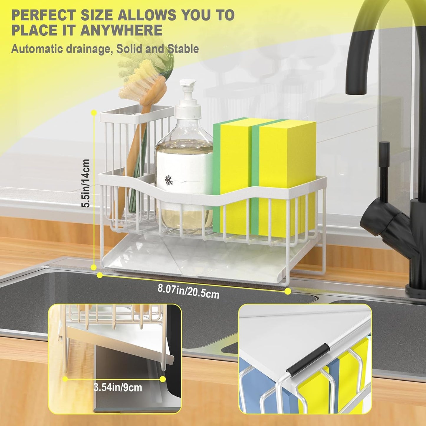 Maifan Sink Caddy Sponge Holder for Kitchen with Brush Holder and Stainless Steel Self Drain Tray, Rustproof Kitchen Sink Organizer for Sponge, Soap Dispenser Storage Accessories