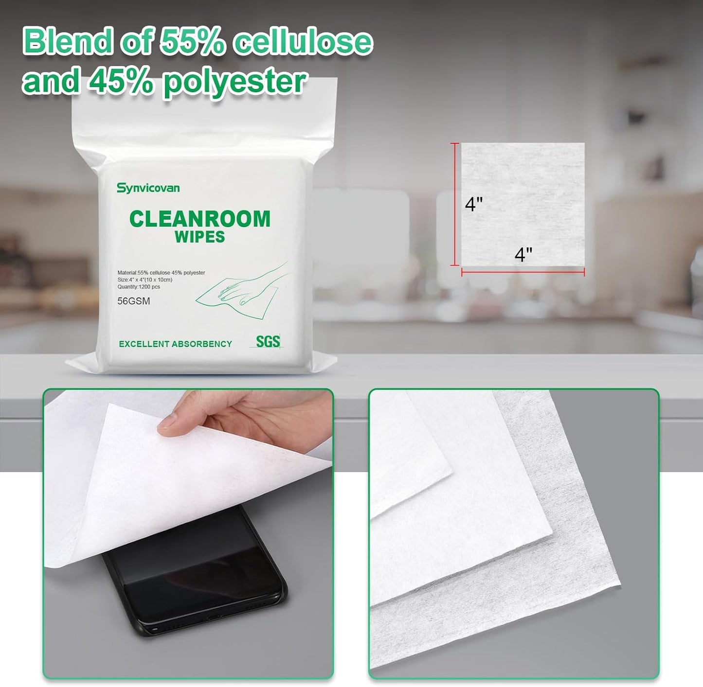 Cleanroom Wipes 4"x4" (1200 Pcs, Cellulose/Polyester Blend, Grade B, 56GSM) Lint Free Wipes for Laboratory, Electronics, Pharmaceutical,Printing,Automotives and Semiconductor Industries