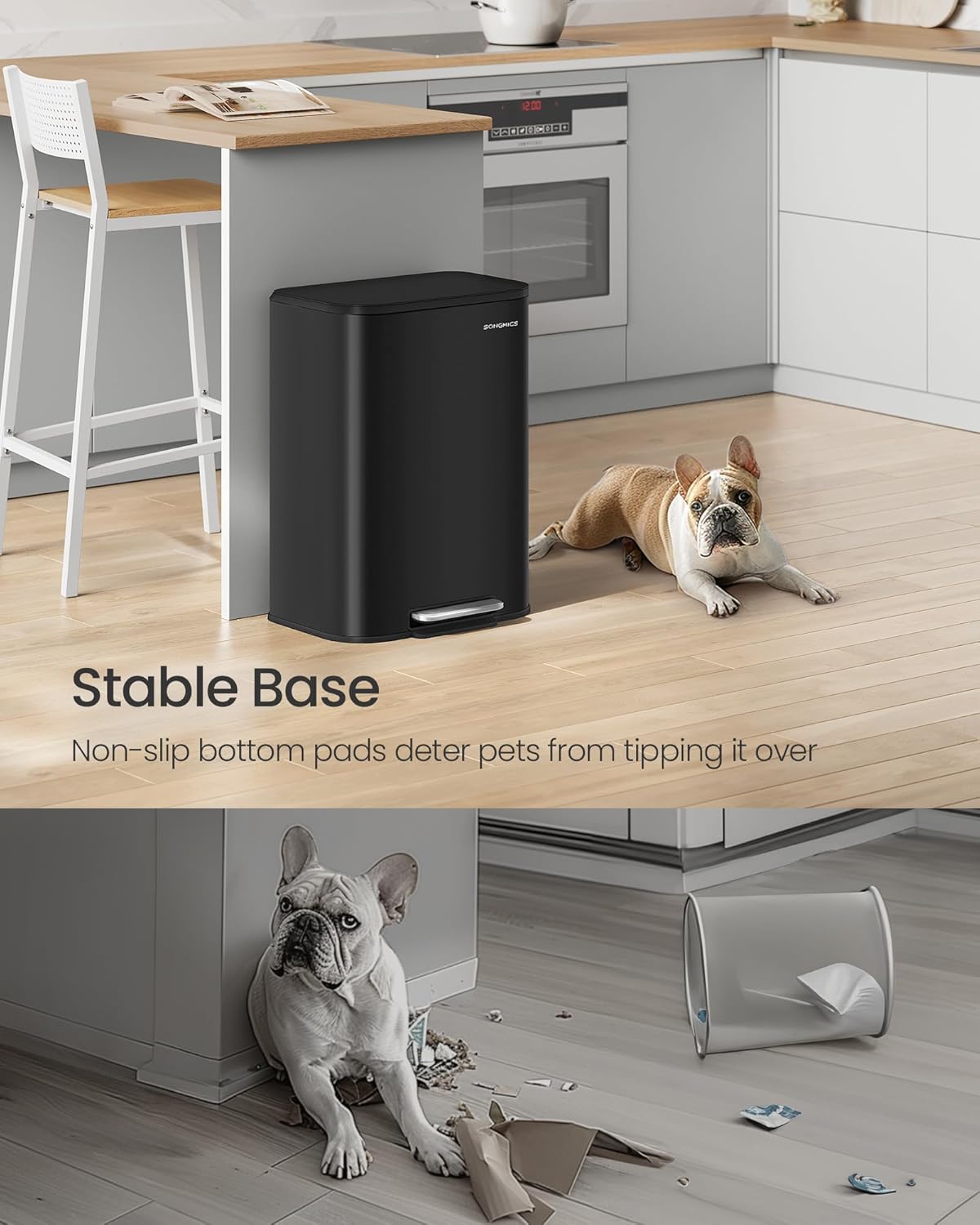 SONGMICS Kitchen Trash Can, 13-Gallon (50 L) Garbage Can with Lid, Stainless Steel, Soft Close and Stays Open, Inner Bucket, Wide Non-Slip Pedal, Ink Black ULTB547B01