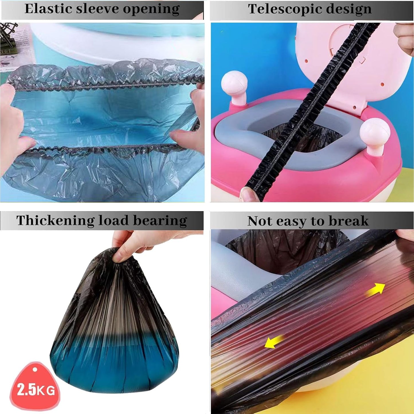 Potty Chair Liners with Elastic, Portable Potty Training Bags, Potty Refill Liners Disposable for Toddlers Kids and Baby,Toilet Seat Cover,17x8Inches,Black,200pieces