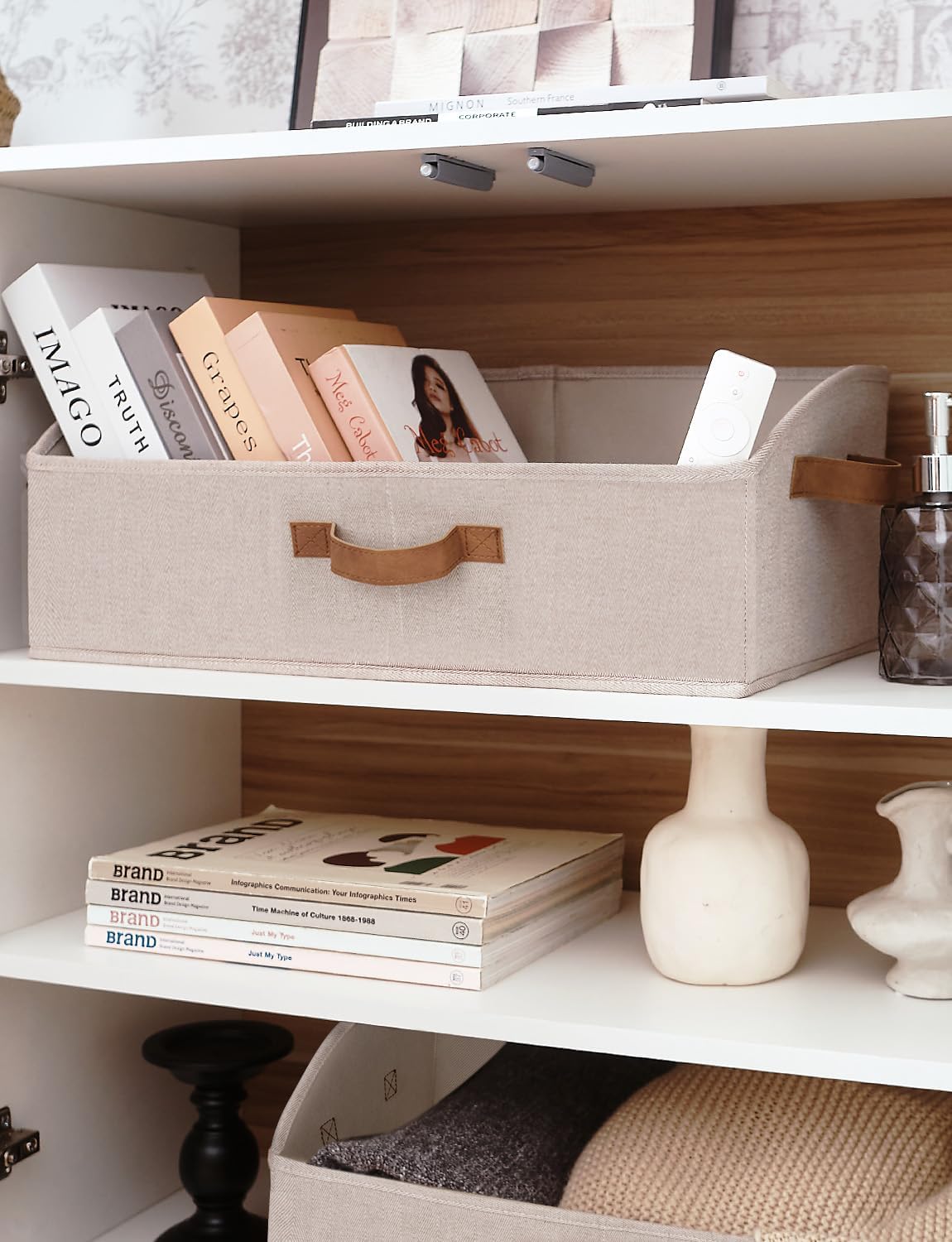 StorageWorks Closet Storage Bins, Trapezoid Organizer Box for Shelves, Fabric Clothes Bin, Foldable Organizing Baskets with Handles, Large, Brown and Beige, 3-Pack