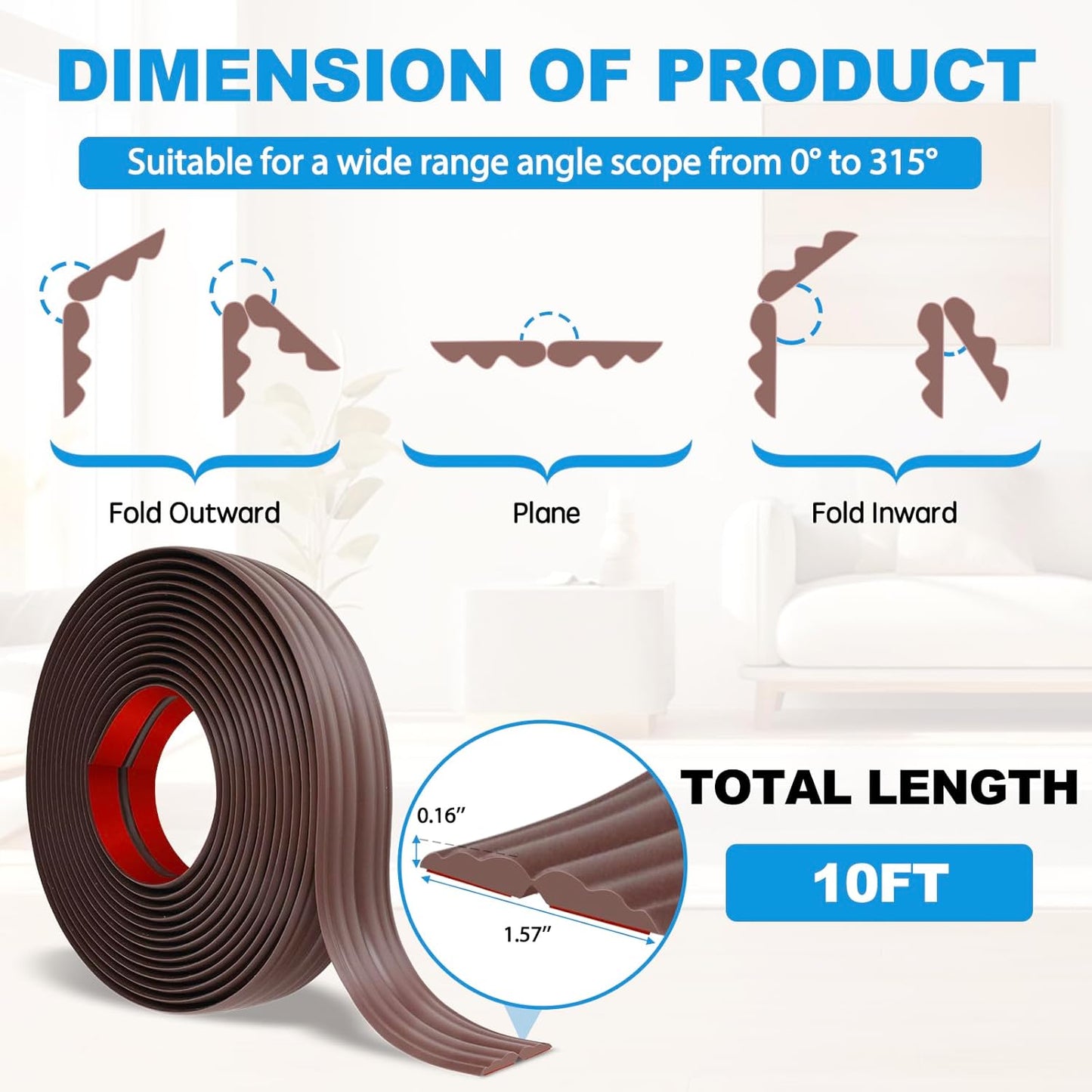 Wall Corner Protector Peel and Stick Corner Trim Molding Flexible Inside & Outside Wall Edge Guard Self Adhesive Moulding Trim for Edge Use, Brown, 1.6” W x 10’ L