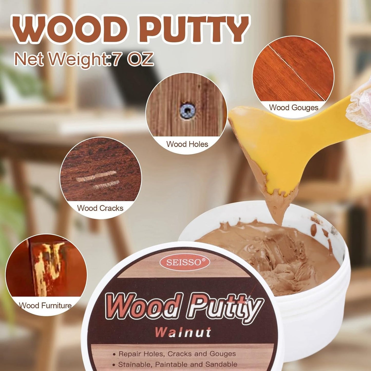 SEISSO Wood Filler, Walnut Wood Putty for Trim, Wood Filler Paintable, Stainable, Water-Based Wood Putty Filler Outdoor, Wood Repair Kit - Restore Wooden Table, Cabinet, Floors, Door