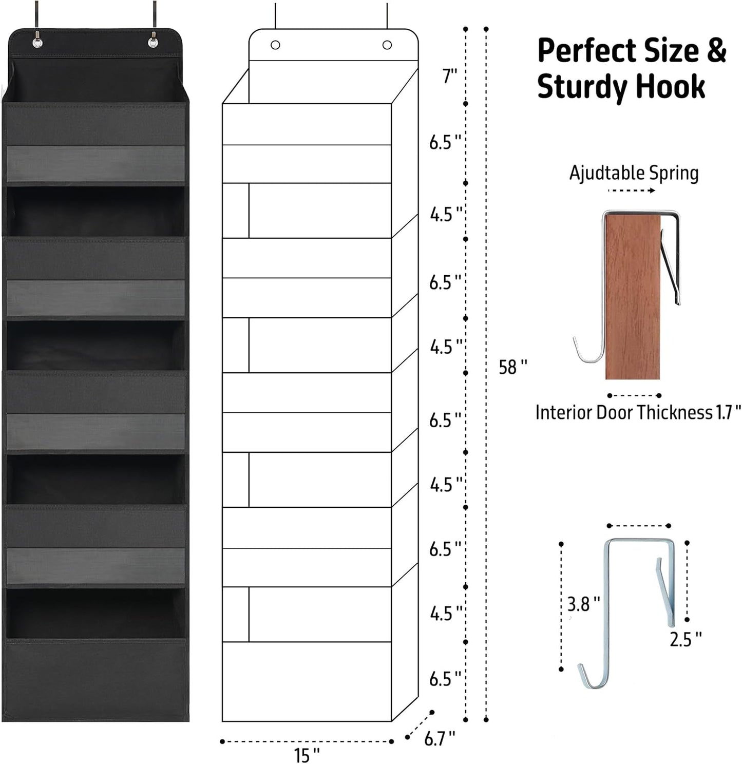Over Door Organizer with 5 Large Pockets, Heavy Duty Hanging Organizer Storage, Closet Bathroom Nursery Bedroom Dorm, Toys Cosmetics Sundries and Baby Essentials, Black
