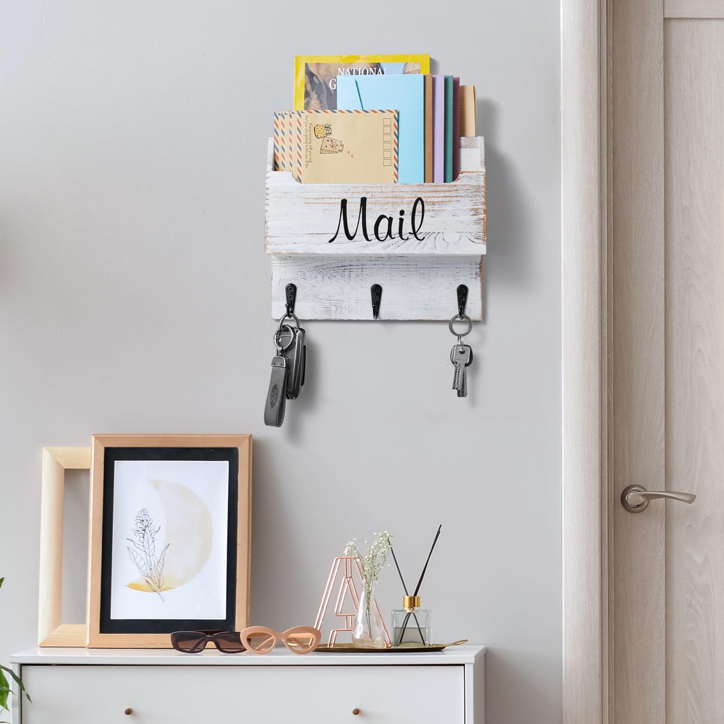 DRASTAR Mail Organizer Wall Mounted, Wooden Mail & Key Holder for Wall, Hanging Mail Organizer