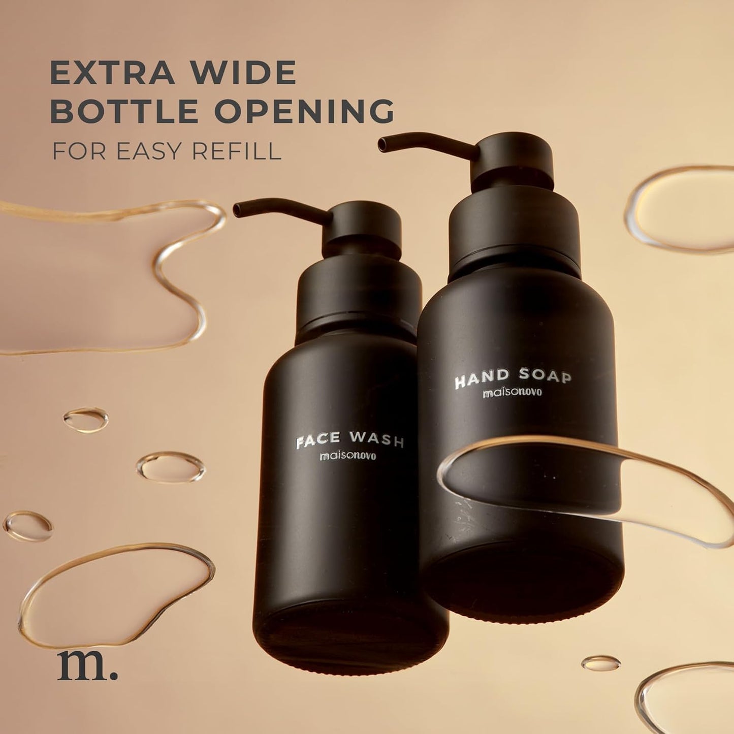 MaisoNovo Glass Foaming Soap Dispenser 14 Oz | Black Glass Black Pumps x 2