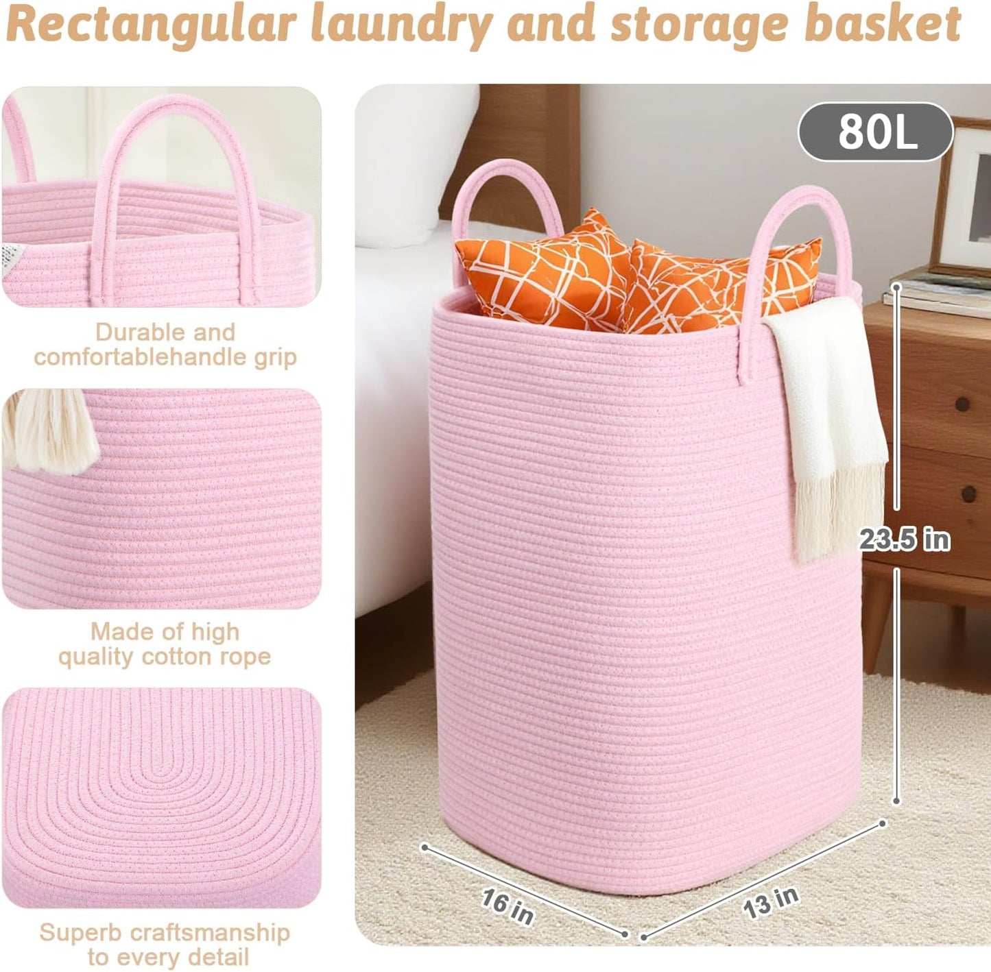 Laundry Basket,Woven Cotton Rope Laundry Hamper,80L Versatile Storage for Dirty Clothes,Baby Toys,and Blankets in Bathroom, Nursery,and Living Room