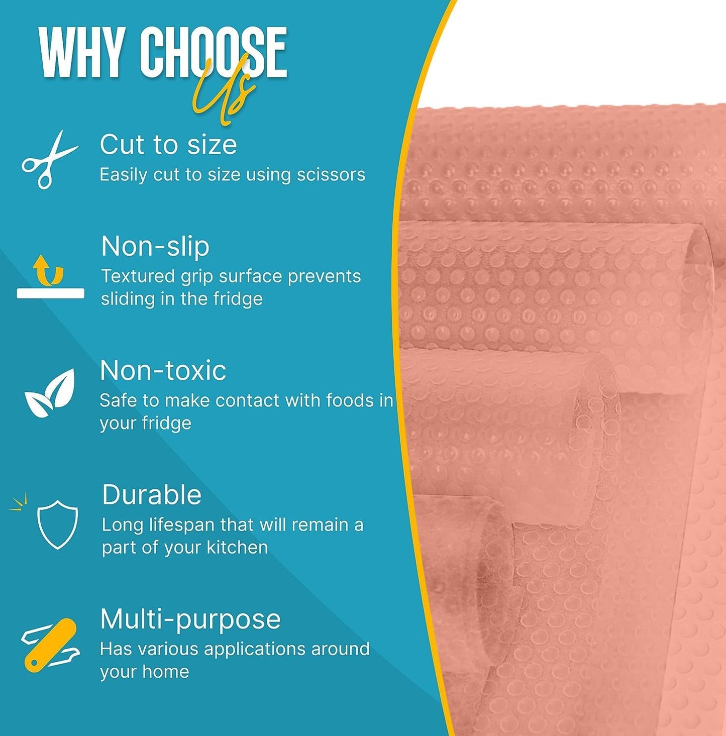 Refrigerator Liners for Shelves by Linda’s Essentials - Easy to Clean Fridge Liner with Spill Protection Fridge Shelf Liners & Drawer Liner, Nonslip BPA-Free Refrigerator Mats (Pink Roll)