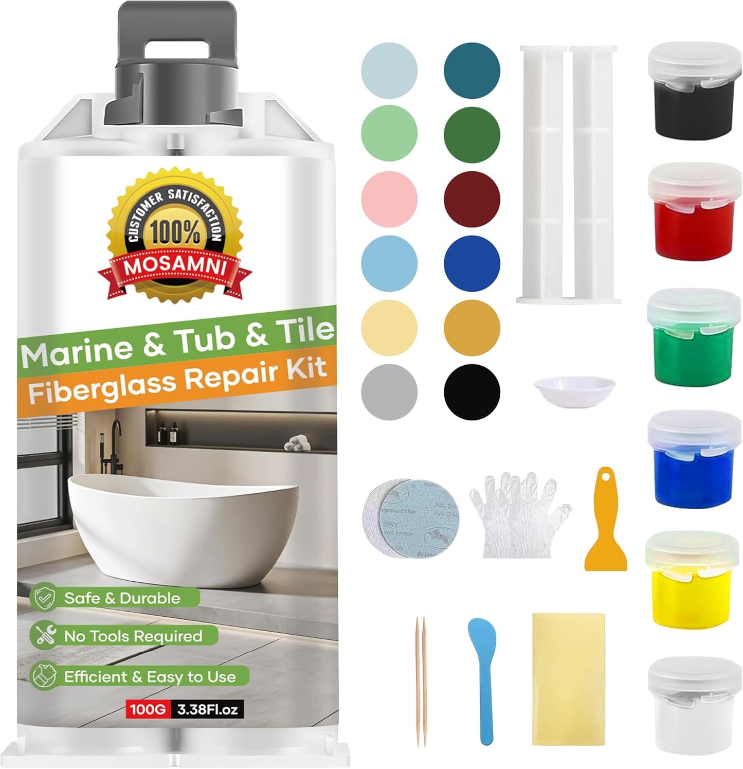 Fiberglass Tub Repair Kit (Color Match), Porcelain Sink and Bathtub Repair Kit for Chips, Cracks, Holes, Rust, Scratches on Toilet, Shower Tile, Enamel, Acrylic, Ceramic, Quartz, Marble
