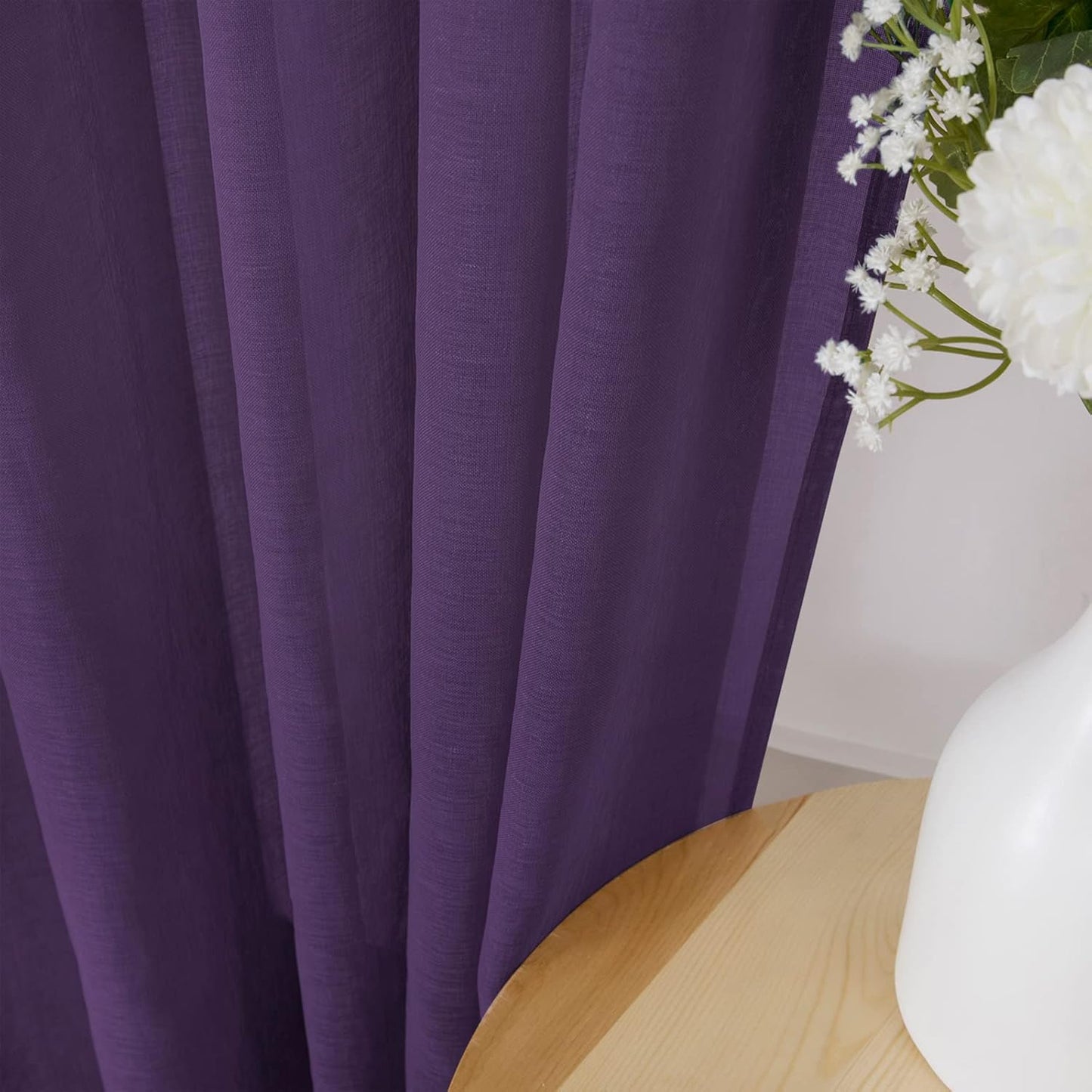 Tollpiz Short Sheer Tier Curtains Linen Textured Half Kitchen Curtain Sheers Light Filtering Rod Pocket Voile Small Curtain for Bathroom, 25 x 24 inches Long, Royal Purple, Set of 2 Panels