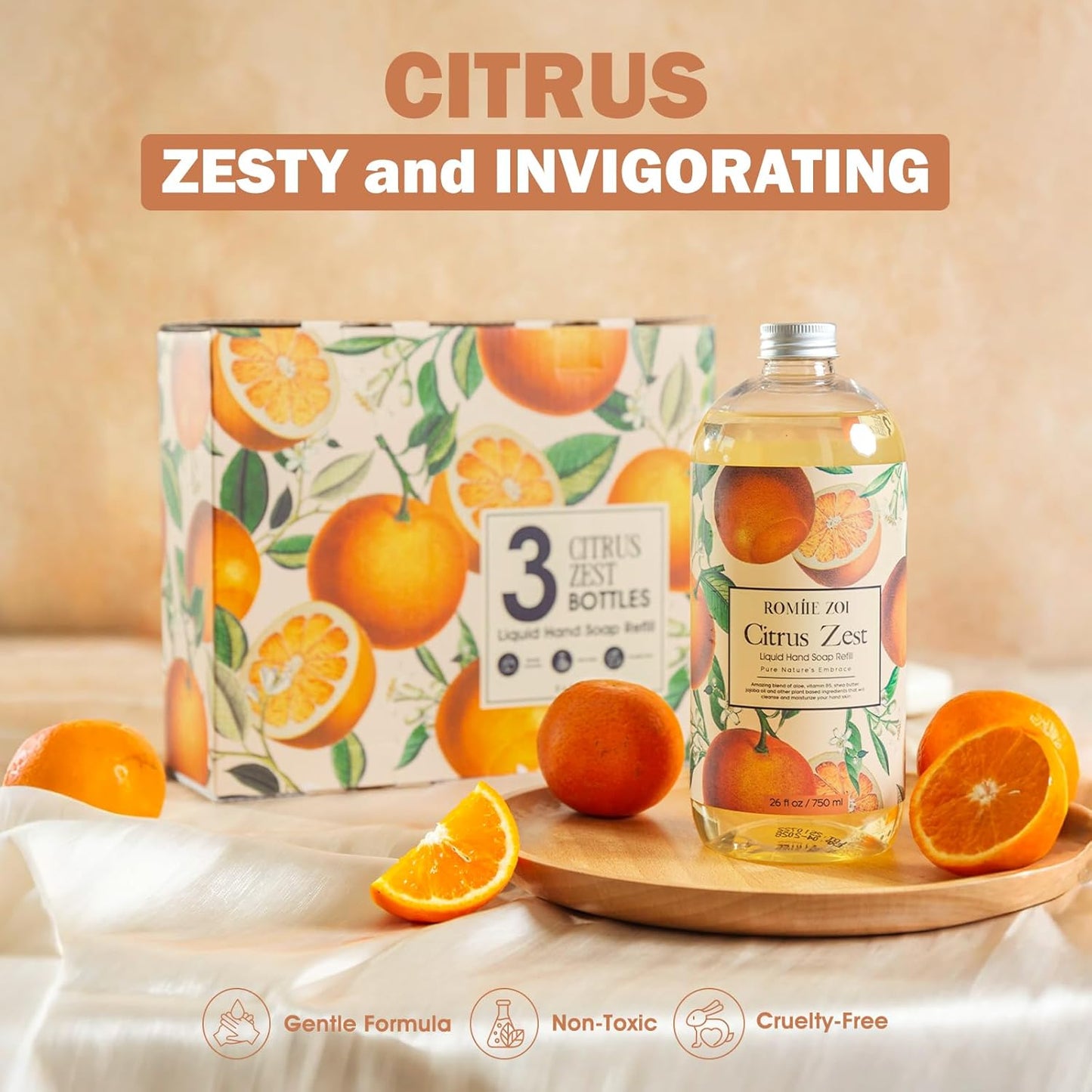 ROMIIE ZOI Liquid Hand Soap Refill Gift Set – 3 Pack (26 Fl Oz Each), Citrus Zest Scent – Moisturizing, Biodegradable & Cruelty-Free Formula with Essential Oils for Sensitive Skin