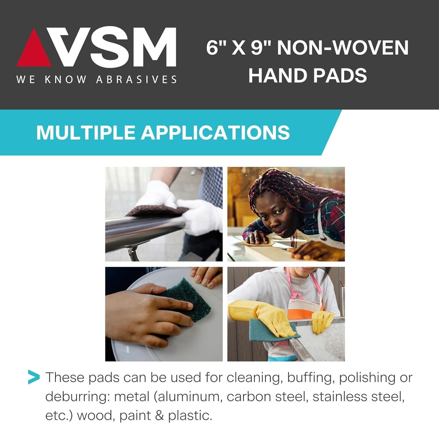 VSM 10-Pack: 6" x 9", Green - Fine, Non-Woven Hand Pad, Aluminum Oxide Grains, Rust and Oxidation Resistant, Multipurpose Abrasive Scrub Pad for Finishing and Cleaning