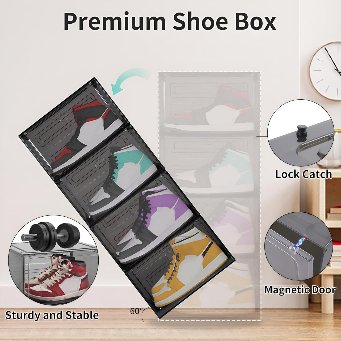 Large Shoe Boxes Clear Plastic Stackable, 8 Pack Drop Side Shoe Storage Boxes with Magnetic Door, Shoe Storage Organizer Sneaker Storage Display Fit up to US Size 13 Black