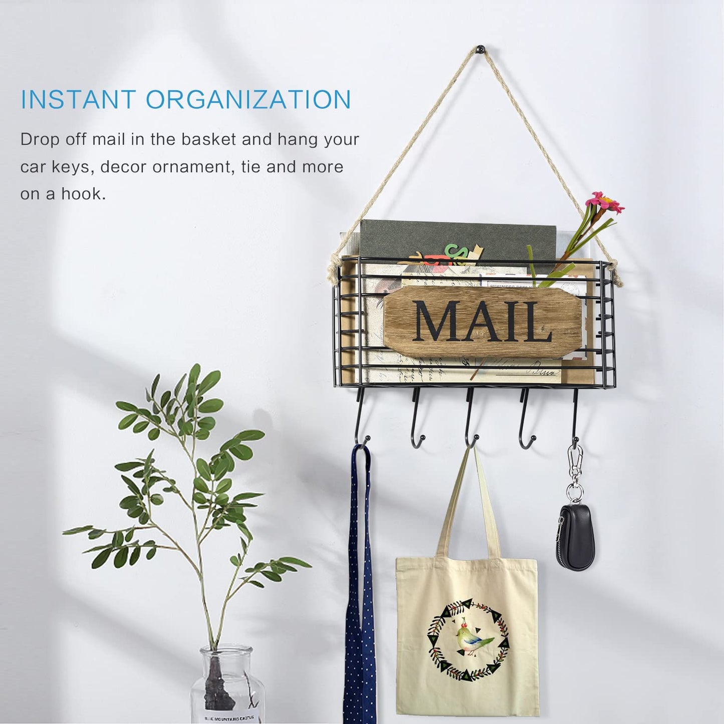 SRIWATANA Mail Organizer Wall Mount, 5 Key Hooks, Small, Carbonized Black