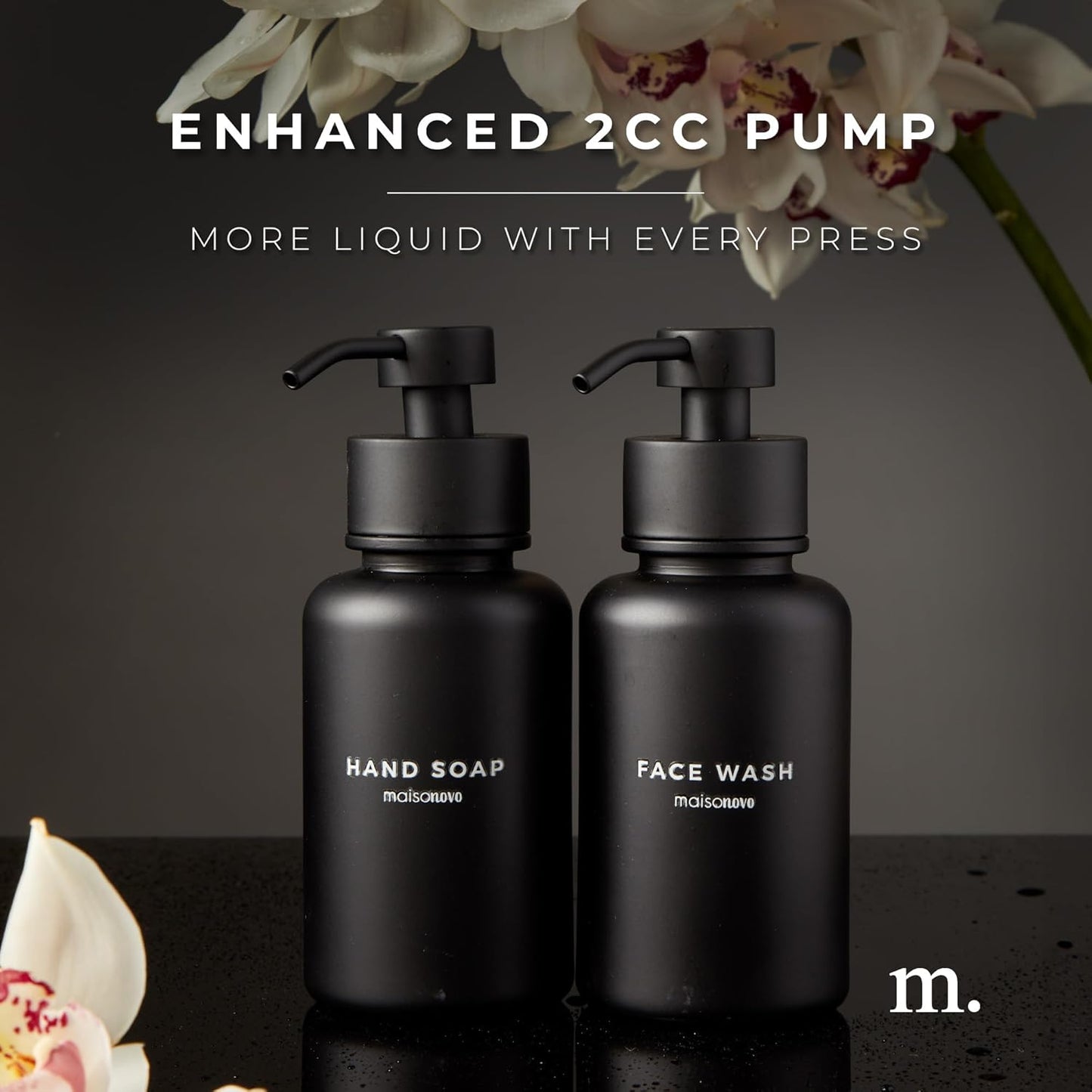 MaisoNovo Glass Foaming Soap Dispenser 14 Oz | Black Glass Black Pumps x 2