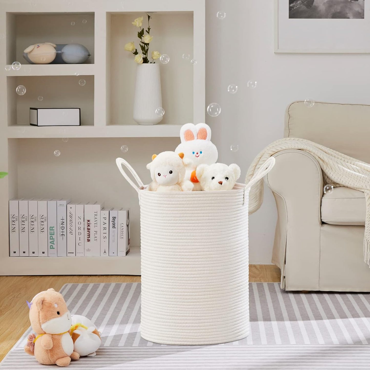 VIPOSCO Large Laundry Hamper, Tall Woven Rope Storage Basket for Blanket, Toys, Dirty Clothes in Living Room, Bathroom, Bedroom - 72L White